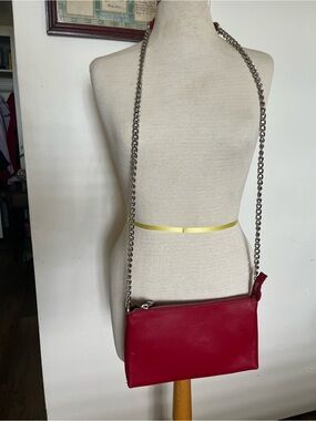 Pulicati Crossbody Red Bag Purse Italian Crossgrain Genuine Leather Silver Chain